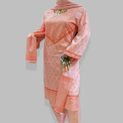 Peach block embroidered cotton shalwar kameez